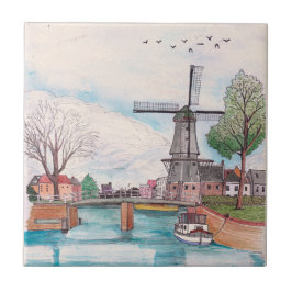 Windmill De Adriaan Haarlem Niederlande Watercolor Fliese