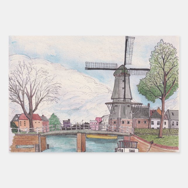 Windmill De Adriaan Haarlem Niederlande Watercolor Geschenkpapier Set (Vorderseite)