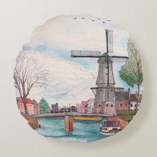 Windmill De Adriaan Haarlem Niederlande Watercolor Rundes Kissen