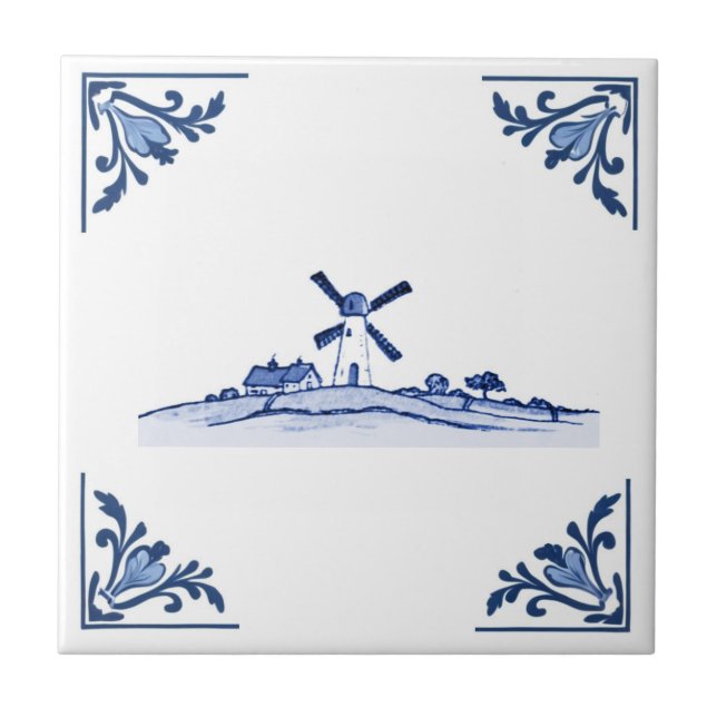 Windmill Delft Blue White Corners Niederlande Fliese (Vorderseite)