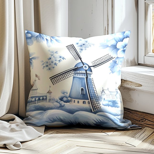 Windmill Dutch Delft Blue Vintag Kissen (Vintage blue windmill decorator pillow)