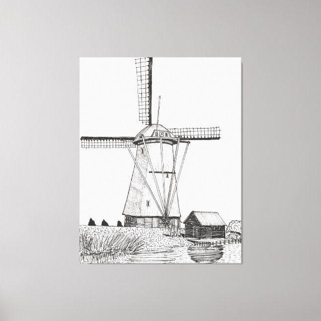 Windmill Netherlands Pen and Ink Illustration Leinwanddruck (Vorderseite)
