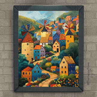 Windmill Village Folk Art Ölgemälde Poster