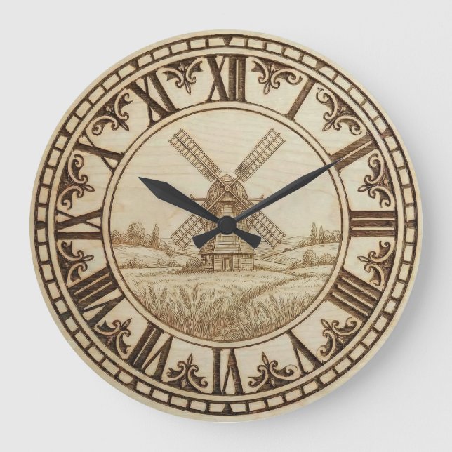 Windmill Wall Clock – Rustic Wood-Burned Style Große Wanduhr (Vorderseite)