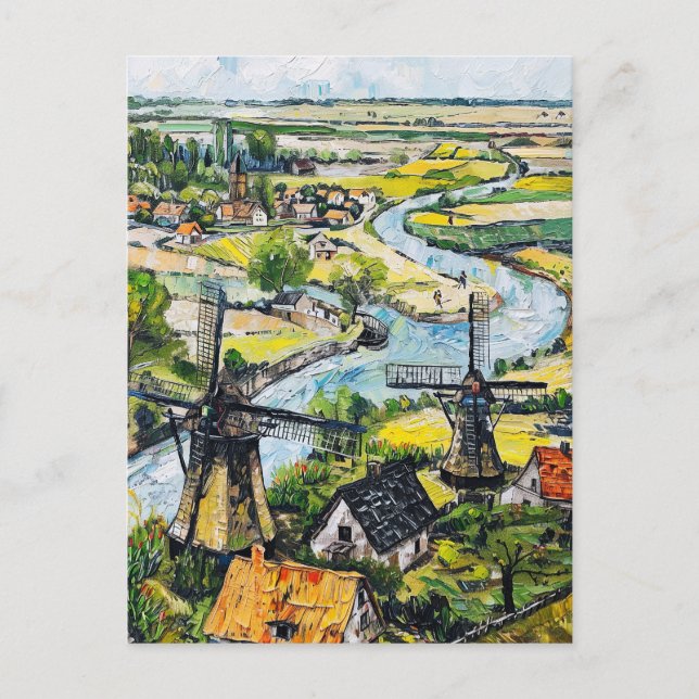Windmills and Church by River Fantasy Painting Postkarte (Vorderseite)