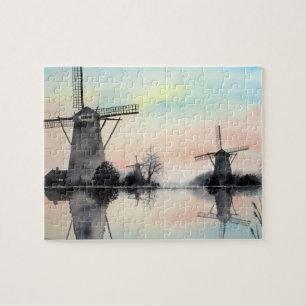 Windmills at Dawn Kinderdijk Holland Painting Puzzle