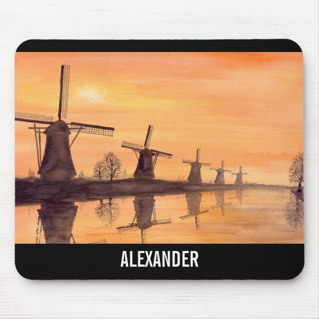Windmills Sunset Holland Aquarellmalerei Mousepad (Vorne)