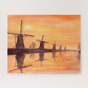Windmills Sunset Watercolor Painting Puzzle