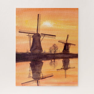 Windmills Sunset - Watercolor Painting Puzzle