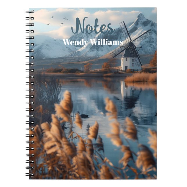 Windmühle auf einem See mit Berglandschaft Notizblock (Vorderseite)