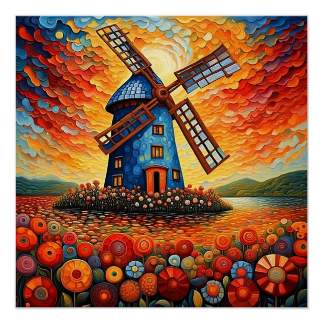 Windmühle bei Sonnenuntergang 3 Poster (Vorderseite)