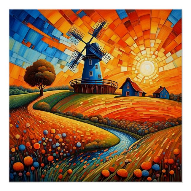 Windmühle bei Sonnenuntergang 5 Poster (Vorderseite)
