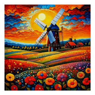 Windmühle bei Sonnenuntergang 7 Poster