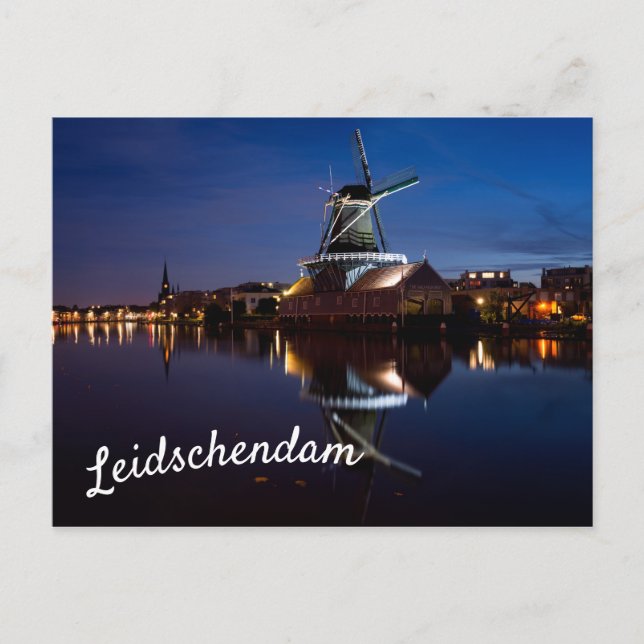 Windmühle Leidschendam mit Reflexion in der Nacht Postkarte (Vorderseite)