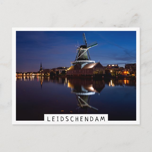 Windmühle Leidschendam mit Reflexion in der Nacht Postkarte (Vorderseite)
