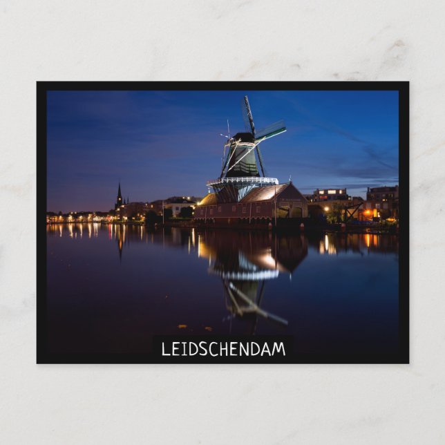 Windmühle Leidschendam mit Reflexion in der Nacht Postkarte (Vorderseite)