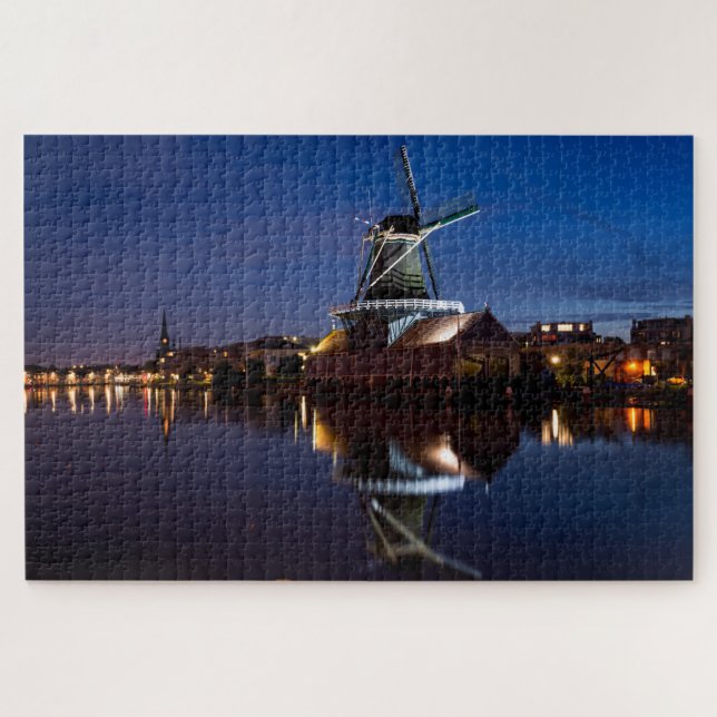 Windmühle Leidschendam mit Reflexion in der Nacht Puzzle (Horizontal)