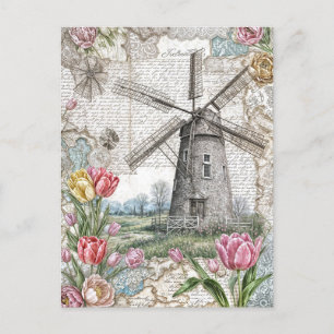 Windmühle mit rosa Tulpen Feiertagspostkarte