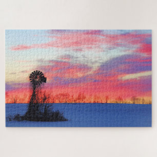 Windmühle mit Winter Pink Sunrise Puzzle