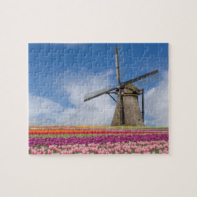 Windmühle und farbenfrohe Tulips Amsterdam Niederl Puzzle (Horizontal)