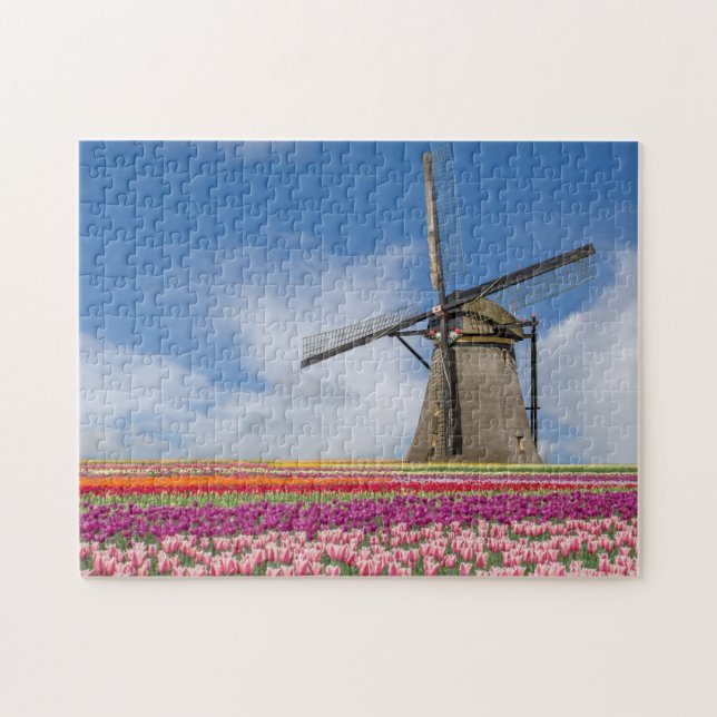 Windmühle und farbenfrohe Tulips Amsterdam Niederl Puzzle (Horizontal)