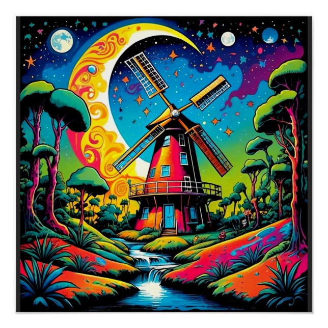 Windmühle unter Sternenhimmel 2 Poster (Vorderseite)