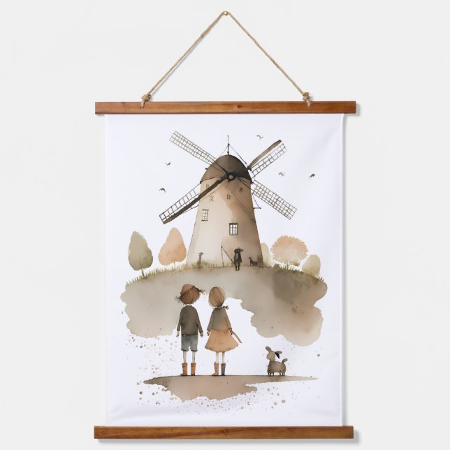 Windmühle Wandteppich Mit Holzrahmen (Vorderseite)