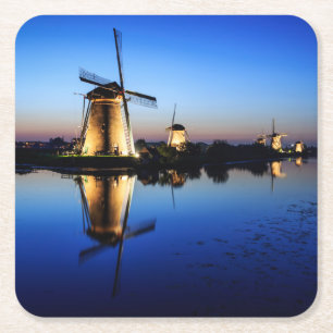 Windmühlen am blauen Stunden-Untersetzer Rechteckiger Pappuntersetzer