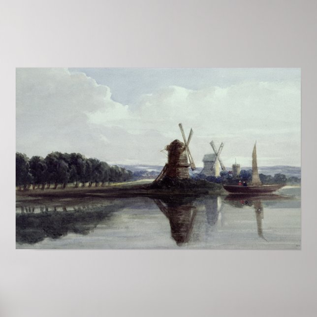 Windmühlen am Fluss, 19. Jahrhundert Poster (Vorne)
