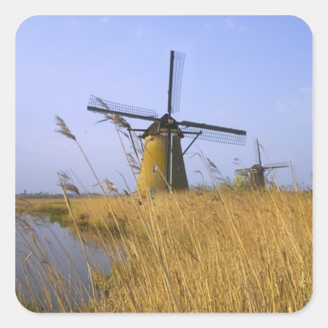 Windmühlen am Kanal in Kinderdijk, 2 Quadratischer Aufkleber (Vorderseite)