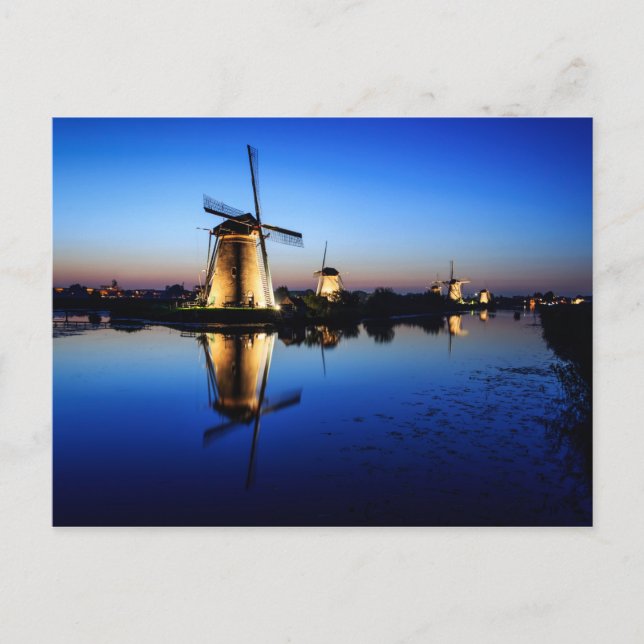 Windmühlen auf der Blue Hour Postkarte (Vorderseite)