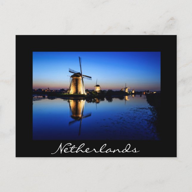 Windmühlen auf der schwarzen Postkarte Blue Hour (Vorderseite)