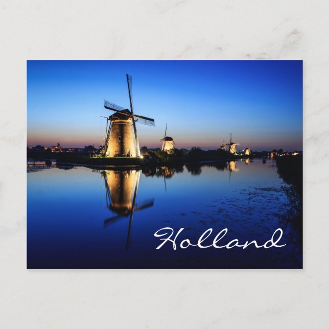 Windmühlen bei Blue Hour in Holland Textpostkarte Postkarte (Vorderseite)