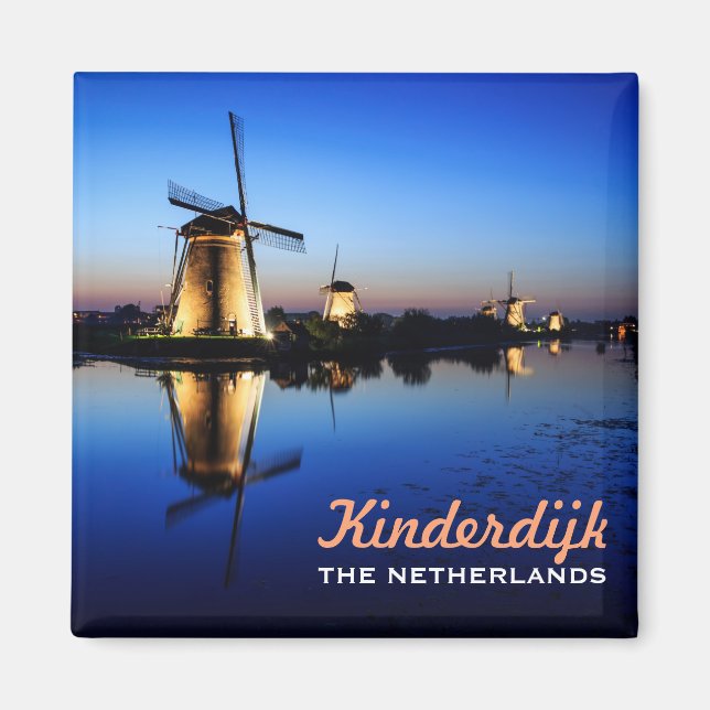 Windmühlen bei Blue Hour in Kinderdijk Textmagnet Magnet (Vorne)