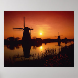 Windmühlen bei Sonnenuntergang, Kinderdijk, Nieder Poster