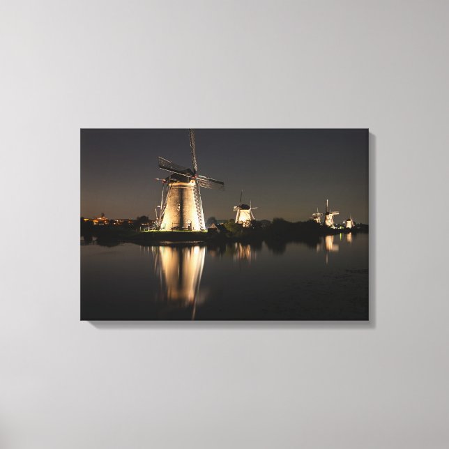 Windmühlen, beleuchtet in der Nacht Leinwand (Vorderseite)