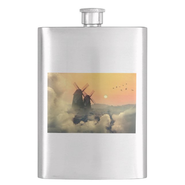 Windmühlen Berge und Wolken Flachmann (Vorderseite)