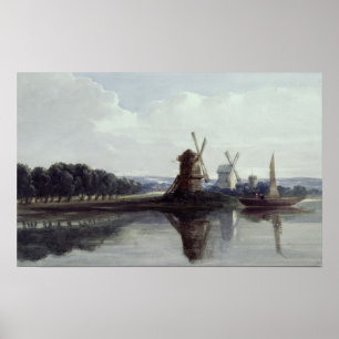 Windmühlen durch einen Fluss, 19. Jahrhundert Poster