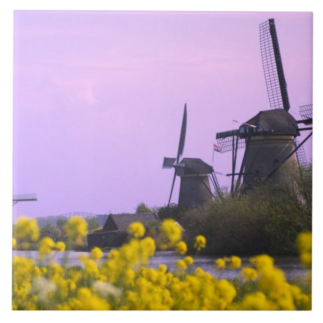 Windmühlen entlang des Kanals in Kinderdijk, Fliese (Vorderseite)