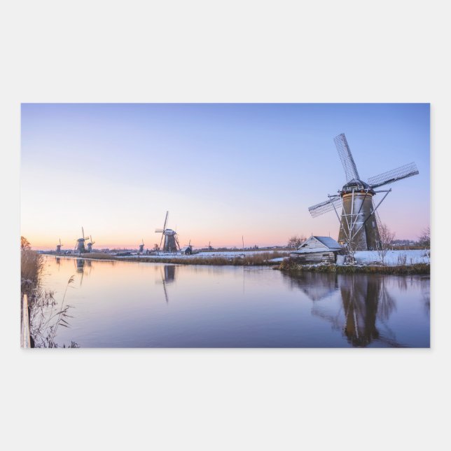 Windmühlen im Winter in Holland rechteckiger Aufkl Aufkleber (Vorderseite)