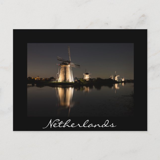 Windmühlen leuchten nachts auf schwarzer Postkarte (Vorderseite)