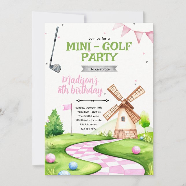 Windmühlen-Minigolf-Geburtstagsfeier-Einladung Einladung (Vorderseite)