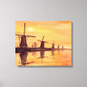 Windmühlen Sonnenuntergang Aquarellbilder Leinwanddruck