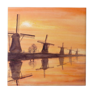 Windmühlen Sonnenuntergang - Aquarelle Fliese