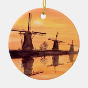 Windmühlen Sonnenuntergang - Aquarelle Keramikornament