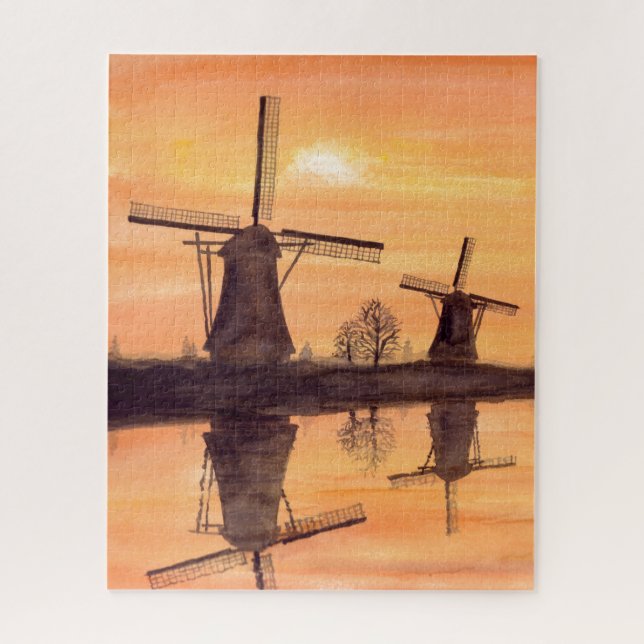 Windmühlen Sonnenuntergang - Aquarelle Puzzle (Vertikal)