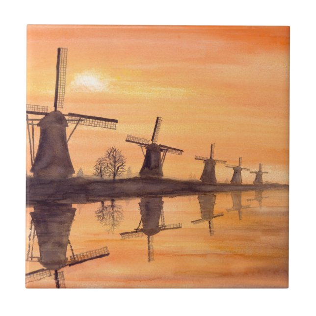 Windmühlen Sonnenuntergang - Aquarellmalerei Fliese (Vorderseite)