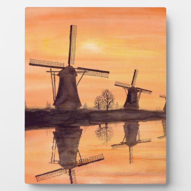Windmühlen Sonnenuntergang - Aquarellmalerei Fotoplatte (Vorderseite)