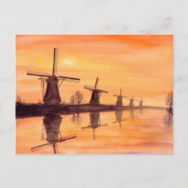 Windmühlen Sonnenuntergang - Aquarellmalerei Postkarte
