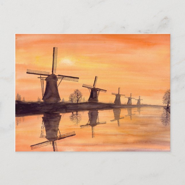 Windmühlen Sonnenuntergang - Aquarellmalerei Postkarte (Vorderseite)